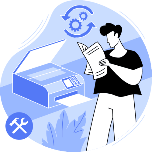 Printer maintenance illustration showing ink levels and clean print heads